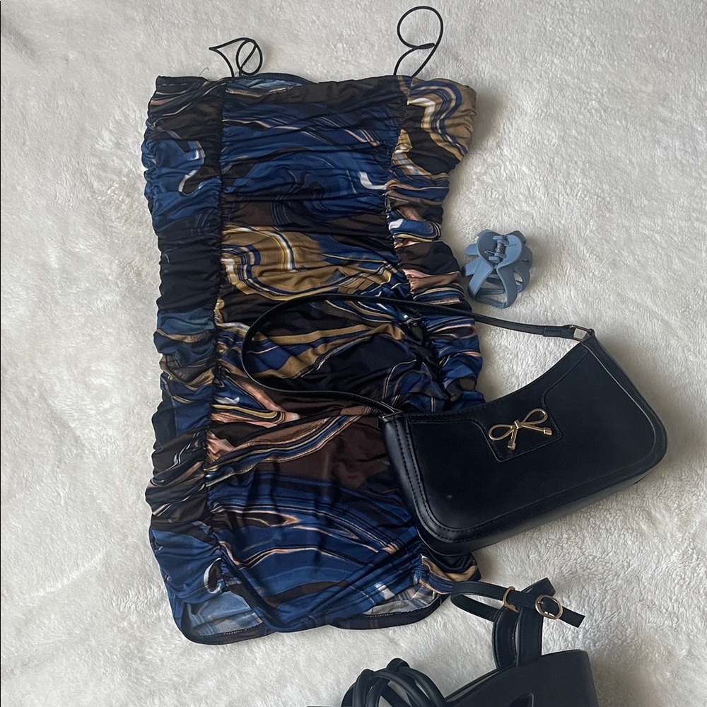 Ruched Mini Dress in Navy & Brown Swirl